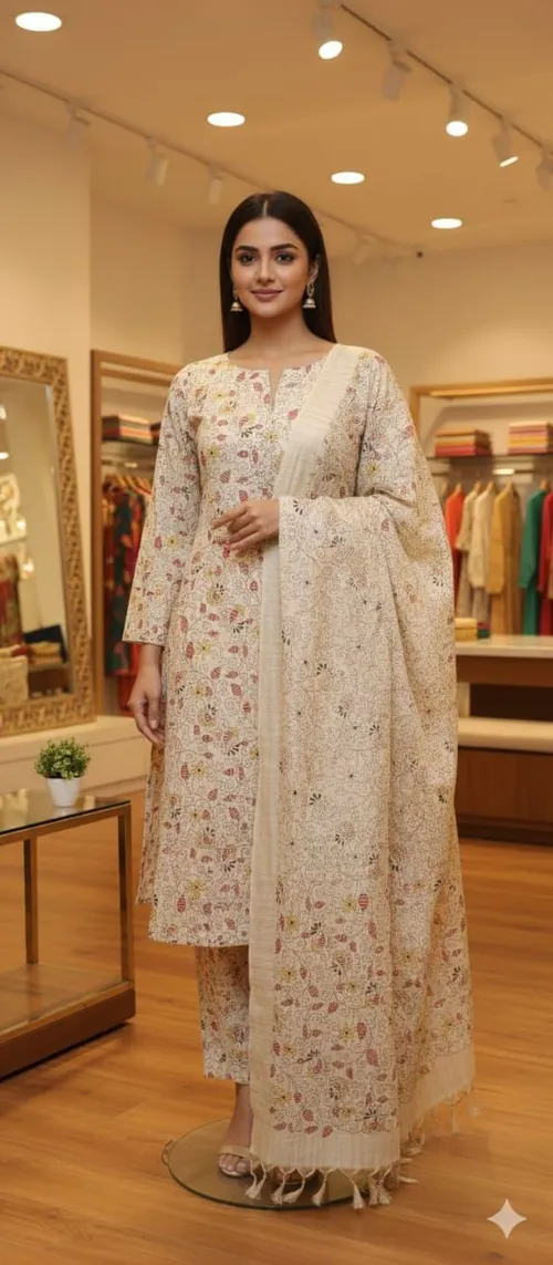 Soft Cotton Khadi Hand-Printed Full Suit Set – Elegant & Comfortable Ethnic Wear